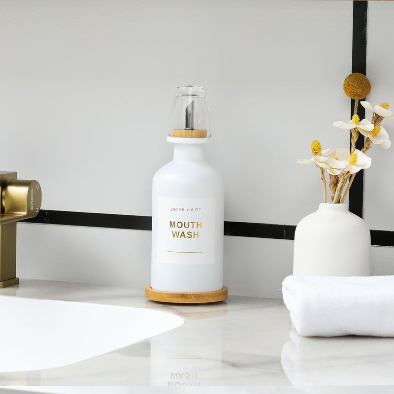 BONLONG 11.8OZ Mouthwash Dispenser for Bathroom with Bamboo & Stainless Steel Pour Spout, Mouthwash Cup Reusable, Bamboo Tray, and Elegant Gold Label. （White - Image 5